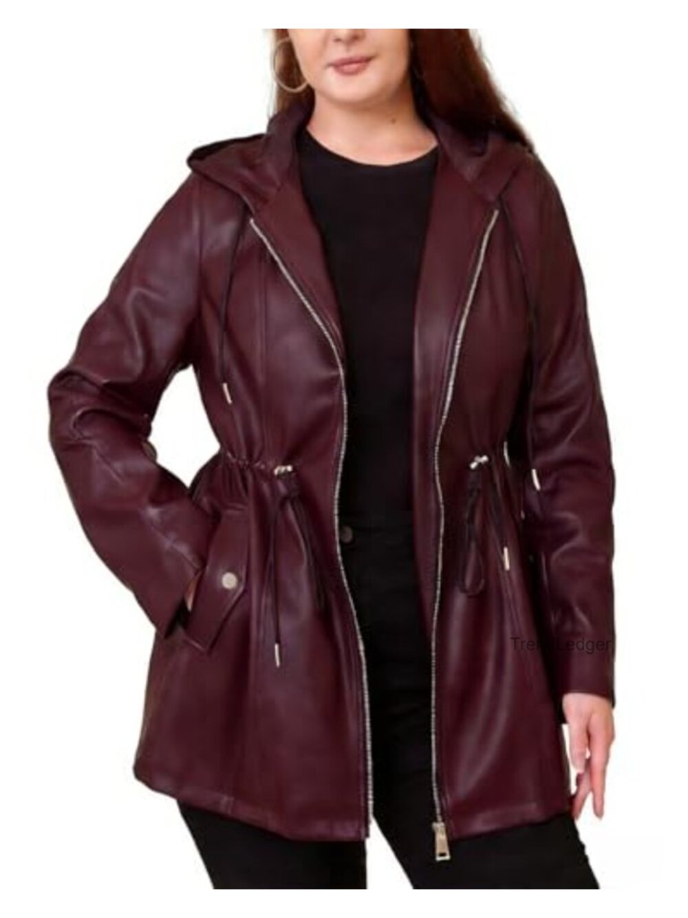 Plus Size Faux Leather Moto Biker Jacket with Hood, Zipper Closure, Side Pockets